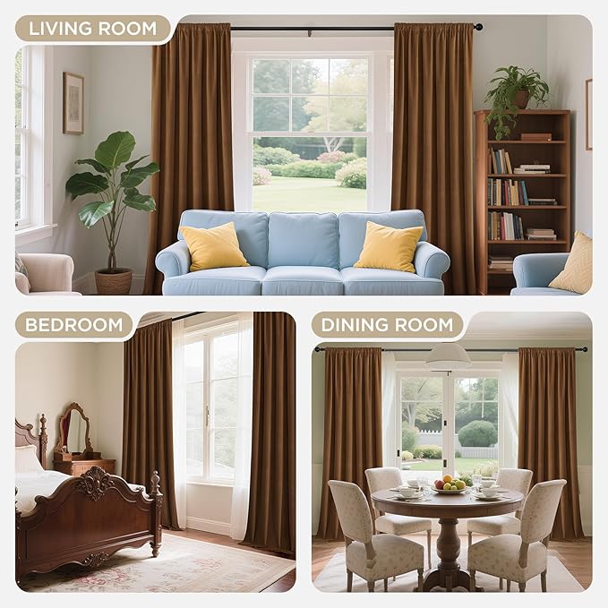 Joydeco Golden Brown 100% Blackout Curtains 102 Inch 2 Panels, Luxury Thermal Brown Velvet Curtains for Bedroom Living Room, Soundproof Blackout Window Drapes, Rod Pocket & Back Tab (52W x 102L)