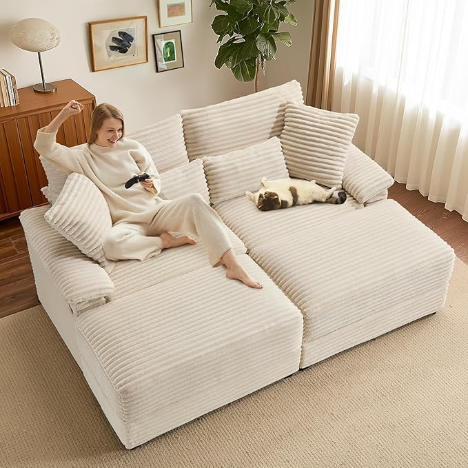 74" Double Chaise Lounge Chair Indoor, Oversized Loveseat with Removeable Ottoman, Corduroy Couch with USB Charging, Storage Ottoman, and Coffee Table Cushions for Living Room (2 Chaise Beige)