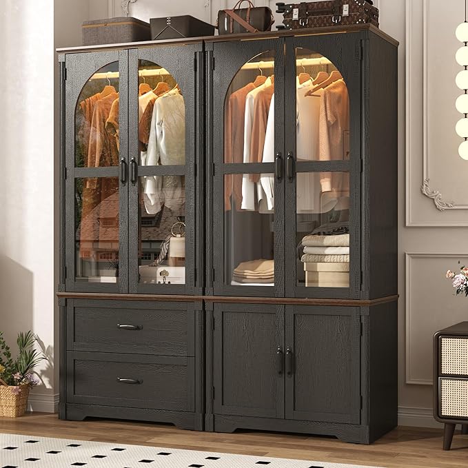Tall Farmhouse 4 Doors Armoire Wardrobe Closet with LED ,72" Freestanding Arched Wardrobe Closet Cabinet for Bedroom w Glass Doors/Drawers,Wooden Clothing Storage Cabinet,Closets for Bedroom(Black)