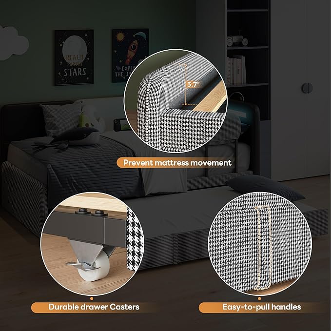 LIKIMIO Twin Daybed with Trundle, Day Bed Frame with 2 USB Ports& LED, Upholstered Guardrail, Sofa Bed with Strong Supports for Bedroom, Living Room