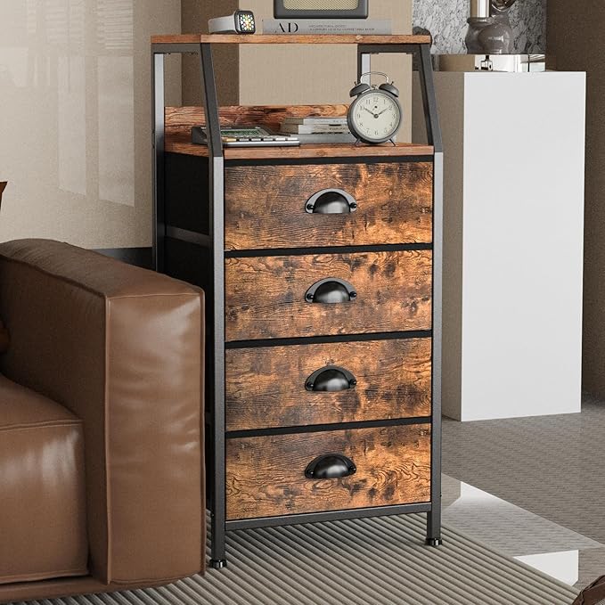 Dresser with 4 Drawers, Fabric Storage Tower for Bedroom, Tall Clothes Storage Drawers, Vertical Closet Organizer for Kids Room, Entryway, Nightstand Bedside Table, Sturdy Steel Frame & Wooden Top