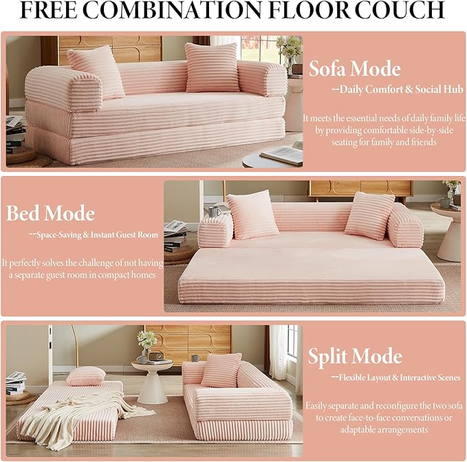 Convertible Futon Sofa Bed, Fold Out Floor Sofa Couch with Sleeper Sofa,Folding Boneless Couches with Deep Seat,Cloud Corduroy Foldable Mattress Couch for Living Room (Pink)