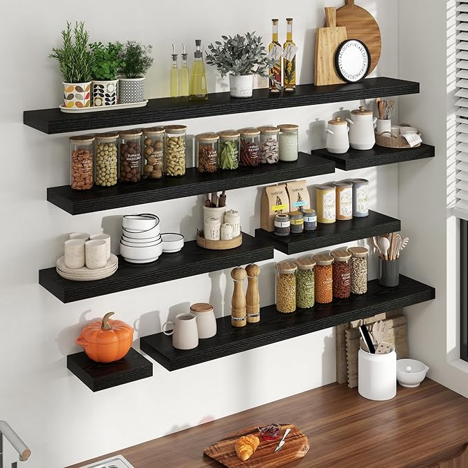 24 Inch Floating Shelves for Wall, 8 Inch Deep Floating Shelf for Storage & Display, Rustic Wall Mounted Shelf with Invisible Brackets for Living Room, Kitchen, Bathroom, Home Decor, Set of 2, Black
