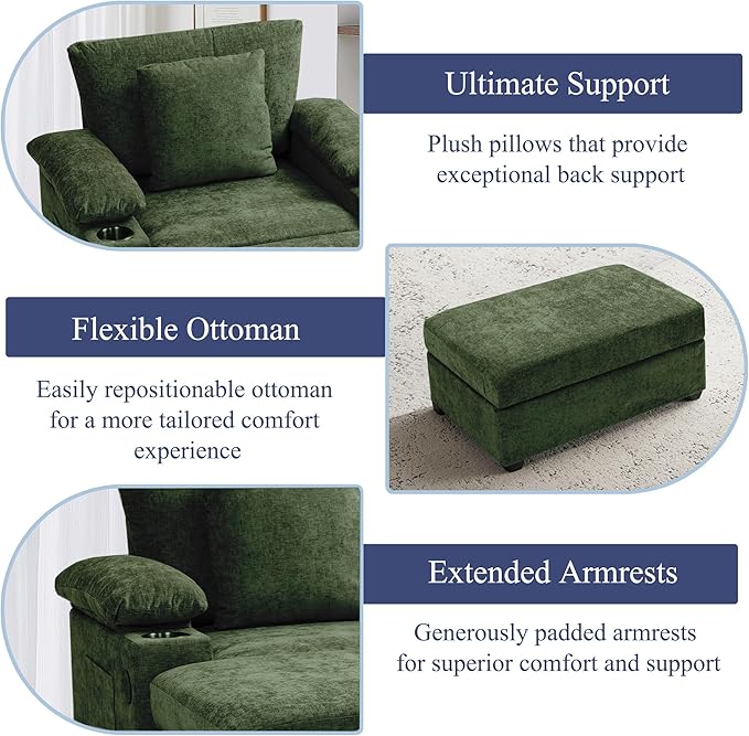 SUNWAVE 58" Chaise Lounge Chair with Ottoman, Chenille Fabric Sofa Bed, Accent Chair with Cupholders & USB Charging Ports for Living Room, Bedroom, Apartment (1 Chaise Forest Green)