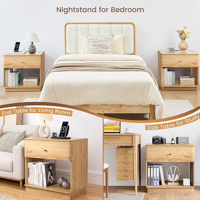 Narrow Nightstand Set of 2, Wooden Small 2 Drawer Nightstand, Slim Side End Table, Skinny Bedside Table, Mid Century Modern Night Stand with Drawers, for Living Room (Natural-Charging Station-1 pc)