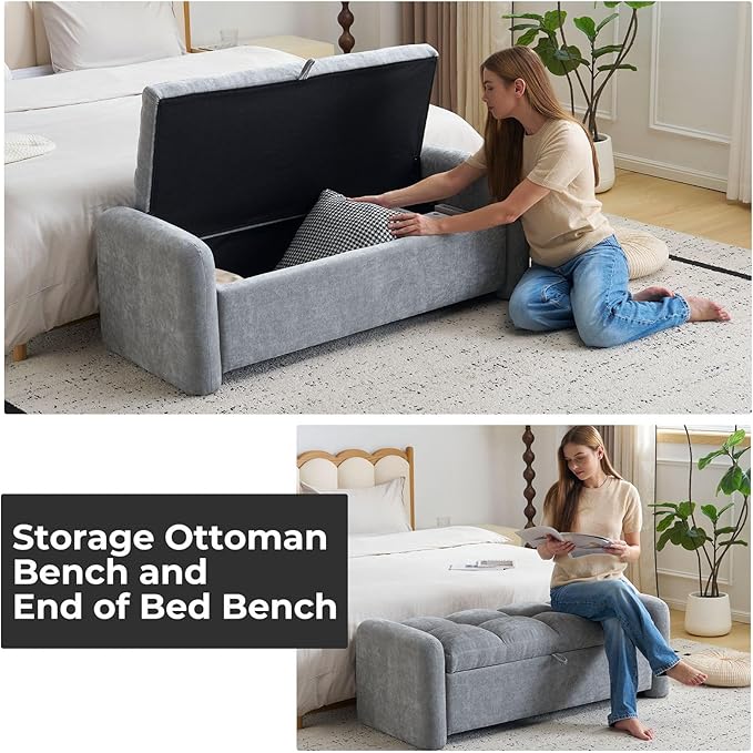 Oversized Chenille Ottoman Bench with Storage, Upholstered End of Bed Bench for Bedroom, Ottoman Foot Rest for Living Room, Light Grey