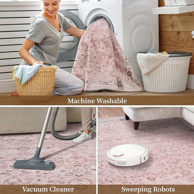 MontVoo-Vintage Area Rug 5X7 Pink Rugs for Living Room-Soft Distressed Printed Rugs for Bedroom-Non Slip Carpet-Machine Washable Rug for Dining Room Living Room Bedside Office