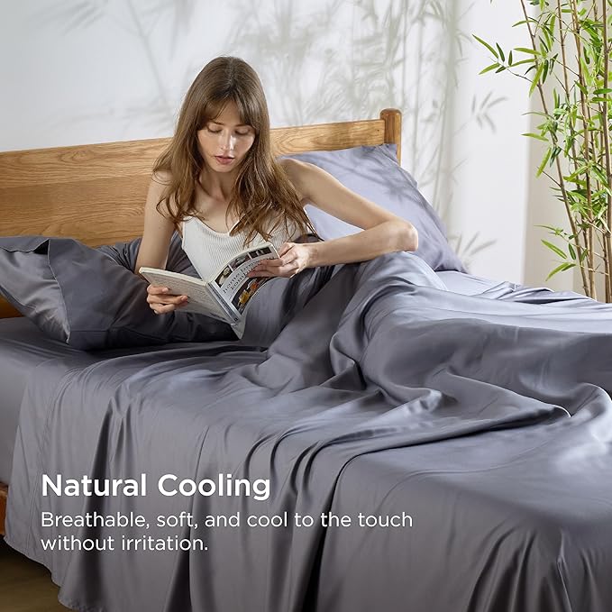 Bedsure Queen Sheet Set, Cooling Sheets for Queen Size Bed Set, Rayon Derived from Bamboo, Breathable & Soft, Deep Pocket Up to 16", Hotel Luxury Silky Bedding for Hot Sleepers, Dark Grey