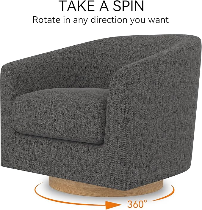 Swivel Barrel Accent Chair with Solid Wood Base, Round Fabric Living Room Arm Chairs, Modern Upholstered Comfty Reading Nook Chairs for Bedroom, Club Armchair, Single Sofa Side Chair, Grey