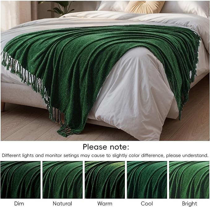 BATTILO HOME Chenille Knit Throw Blanket for Couch, Soft Cozy Christmas Green Knitted Throw Blanket with Fringe, Lightweight Blanket for Christmas Decoration, 50"x60"