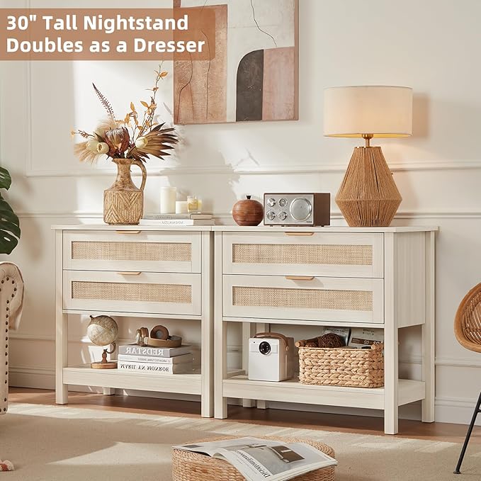 LEYAOYAO 31.5" Wide Rattan Night Stands Set 2, Oversized Large Boho Nightstand with 2 Drawer, Grey White Bed Side End Tables with Storage Shelf, Tall Bedside Table for Bedroom Living Room, Hallway