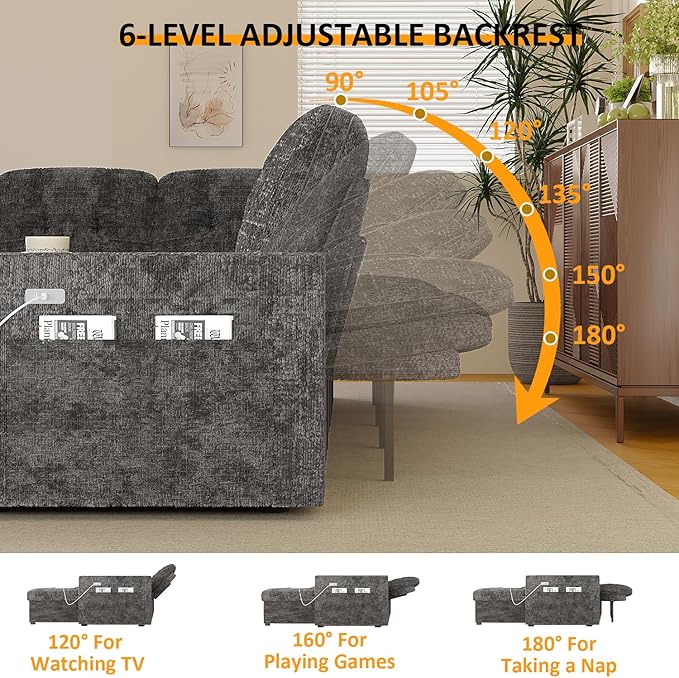 117" Sleeper Sofa Bed, U-Shaped Sofa with Dual Reversible Storage Chaise | Adjustable Backrest | Wide Armrest, Sectional Couches for Living Room, 4 in 1 Pull Out Couch Bed, Grey Chenille