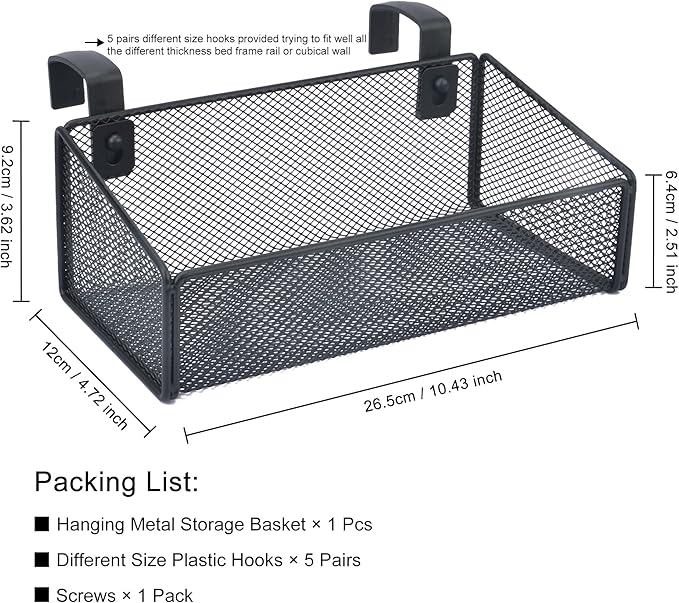 MATIMASU Bedside Caddy Hanging Storage Basket Beside Shelf Metal Organizer for Collage Dorm Bunk Bed,Hospital Bed,Baby Bed - Bedroom Essentials for Magazine,Remote Control,Phone,Drinks (Black)
