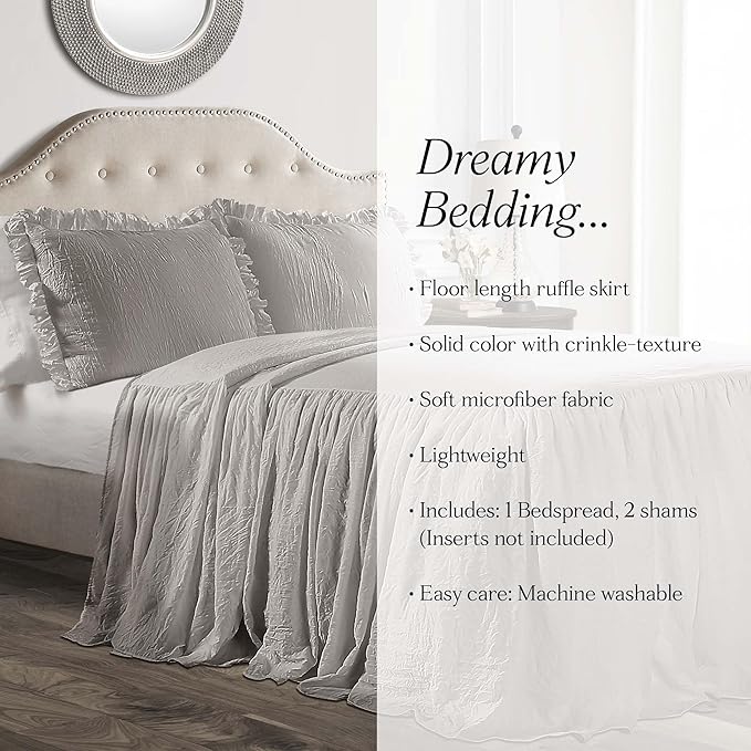 Lush Decor Ruffle Skirt Bedspread Set - 3-Piece Luxurious Farmhouse Bedding - Elegant Ruffle Detail - Timeless Style - Soft Lightweight Sheets - California King, Grey