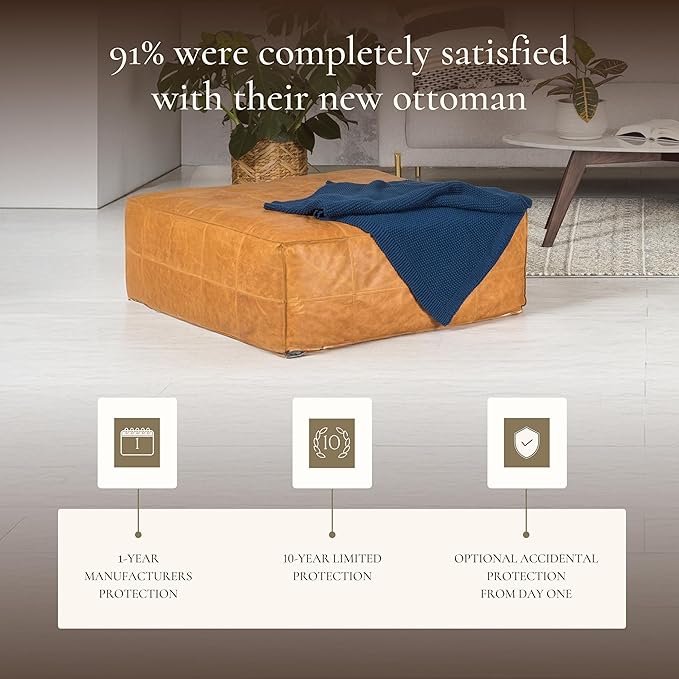 POLY & BARK Taos Ottoman – 37" Square Pouf with Feather-Down Topper – Full-Grain Leather Upholstered Pouf Ottoman for Living Room – Vintage Italian Leather in Cognac Tan