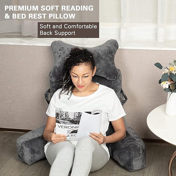 SLIGUY Reading Pillow-Bed Rest Pillow with Detachable Neck Roll & Support Arm for Sitting in Bed Couch or Floor-Backrest Reading Pillow Adult Back Pillow for Reading/Watching TV/Gaming,Dark Grey