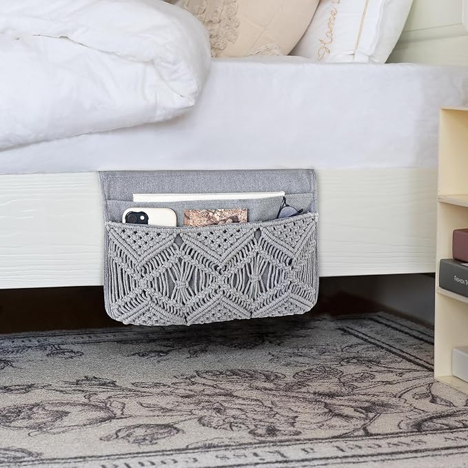 Mkono Macrame Bedside Caddy Storage Organizer Boho Remote Control Tablet Magazine Holder with 4 Pockets Non-slip Countertop Bedside Caddy for Home Bedroom Living Room College Dorm Bed, Grey