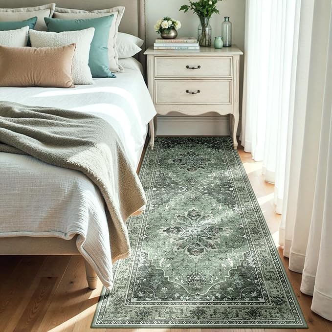 Area Rugs 3'x6' Washable Non-Slip, Floral Vintage Distress Print Pattern Medallion Carpet for Living Room Bedroom Dining Room, Dark Green Gray