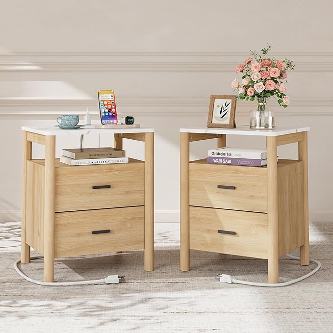 FavourLife Night Stand Set 2, 20" Wide Nightstands Set of 2, Nightstand with Charging Station & Faux Marble Top, 2 Drawer End Table with Solid Round Post Legs, Bedside Table for Bedroom, Natural Oak