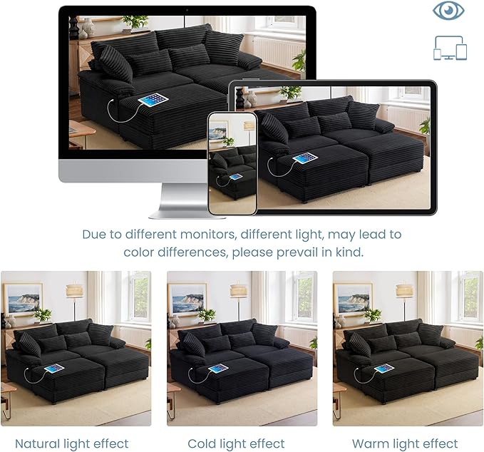 74" Double Chaise Lounge Chair Indoor, Oversized Loveseat with Removeable Ottoman, Corduroy Couch with USB Charging, Storage Ottoman, and Coffee Table Cushions for Living Room (2 Chaise Black)
