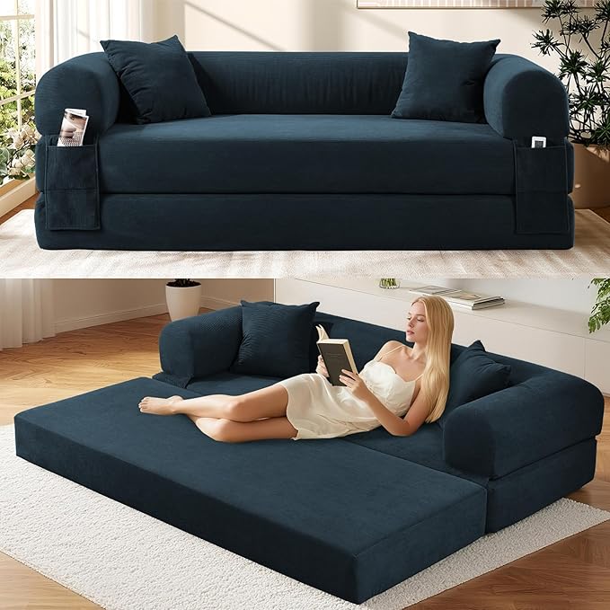 Convertible Futon Sofa Bed,80" Folding Pull Out Couch with Pillows & Storage Pocket, Oversized Queen Sleeper Sofa in a Box,Corduroy Boneless Couch for Living Room,Navy Blue
