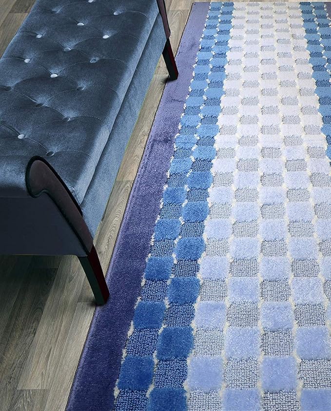 Custom Length Hallway Runner Rug,Slip Resistant,Checkered Blue, 26 Inch X 34 feet, Sold and Priced Per Foot