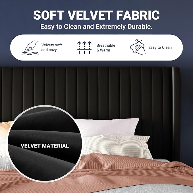 Allewie Full Size Velvet Bed Frame/Vertical Channel Tufted Wingback Headboard/Upholstered Platform Bed/Strong Wooden Slats/No Box Spring Needed/Easy Assembly/Black