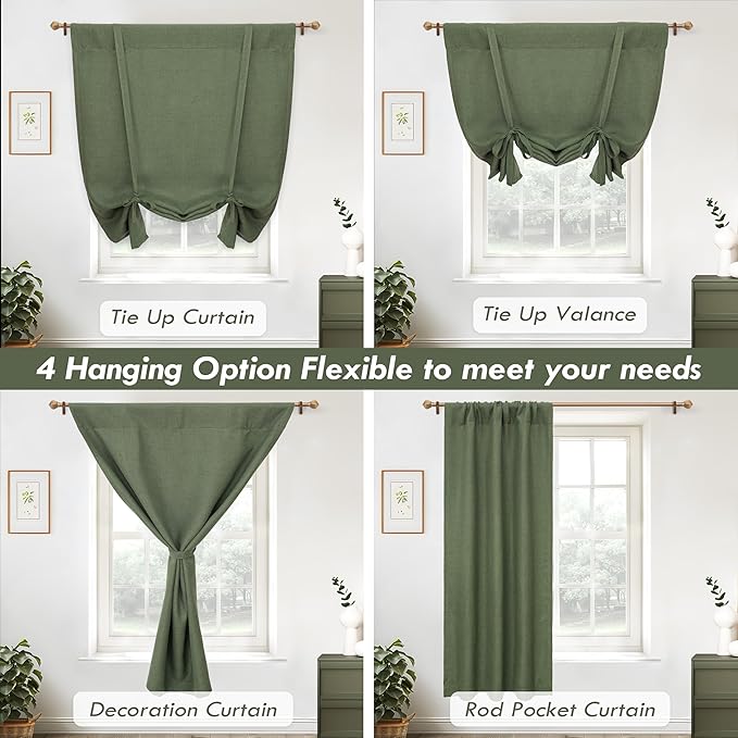 DriftAway Double Layer Linen Blackout Tie Up Curtains Thermal Insulated Fully Lined Balloon Roman Shade Bathroom Window Adjustable Rod Pocket for Small Window 45 Inch by 63 Inches Olive Green