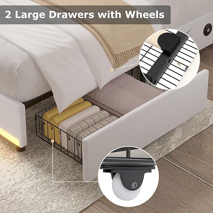 VECELO Full Size Bed Frame with Storage Drawers, Upholstered Platform Bedframe with Wingback Headboard, No Box Spring Needed, White