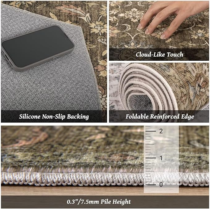 Washable 8x10 Area Rugs for Living Room, Boho Non-Slip Vintage Distress Large Rugs for Bedroom Dining Room Nursery Office, 0.3" Neutral Oriental Throw Thin Carpet, Tan/Flaxen/Multi