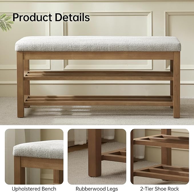 VKNOW Entryway Bench, 44.3” Upholstered Shoe Bench for Bedroom, 2-Tier Storage End of Bed Bench with Rubberwood Legs for Living Room, Hallway, Beige