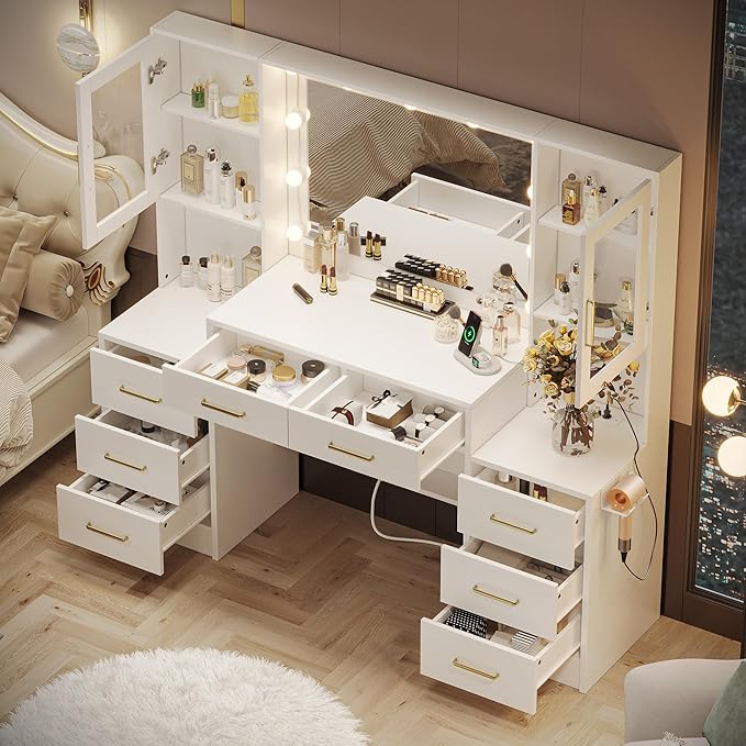 58.3”Vanity Desk with Mirror and Charging Station, Bedroom Dressing Table, Large Vanity Set, 8 Drawers and 2 Cabinets, Makeup Vanity Table with Charging Station, Without Lights