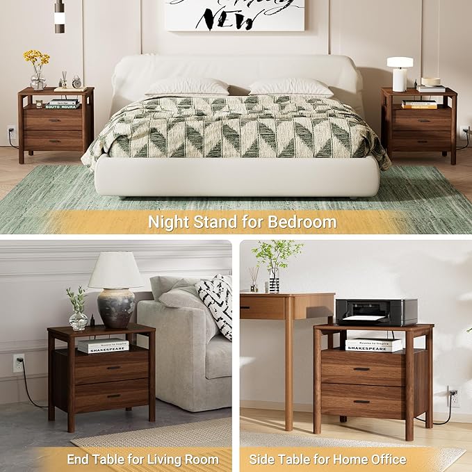 FavourLife Night Stand, 23" Wide Nightstand, Modern Nightstand with Charging Station, 2 Drawer Wooden End Table with Solid Round Post Legs & Open Shelf, Bedside Table w/Storage for Bedroom, Walnut