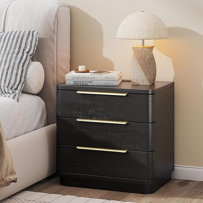 Black Nightstand Bedside Table with 3 Storage Drawers, 24" Tall Wood Night Stand with Charging Station, Modern Wide End Table Side Table W/Metal Handle Curved Profile for Bedroom