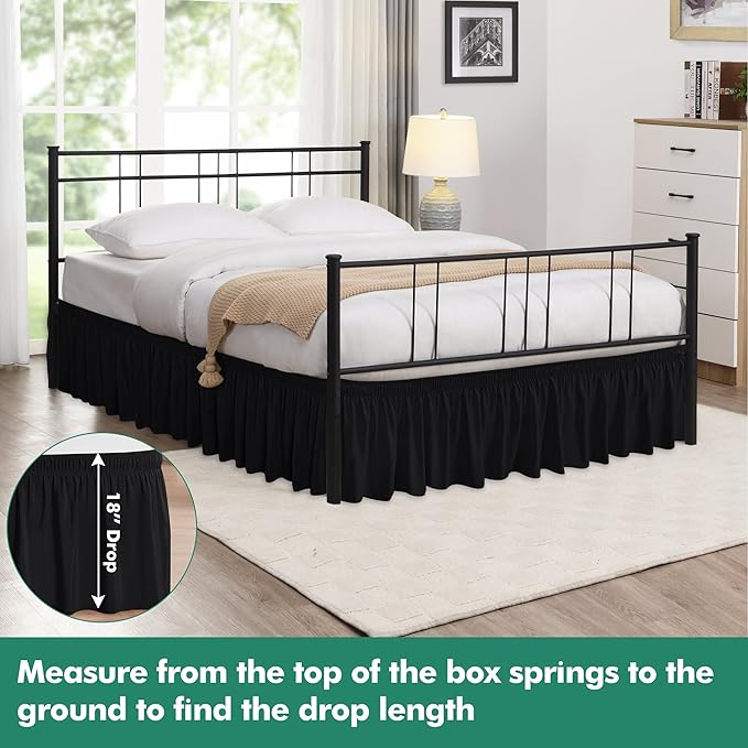 Biscaynebay Wrap Around Bed Skirts with Split Corners for King Beds 18" Drop, Black Adjustable Elastic Dust Ruffles Easy Fit Wrinkle Resistant Silky Luxurious Fabric Machine Washable