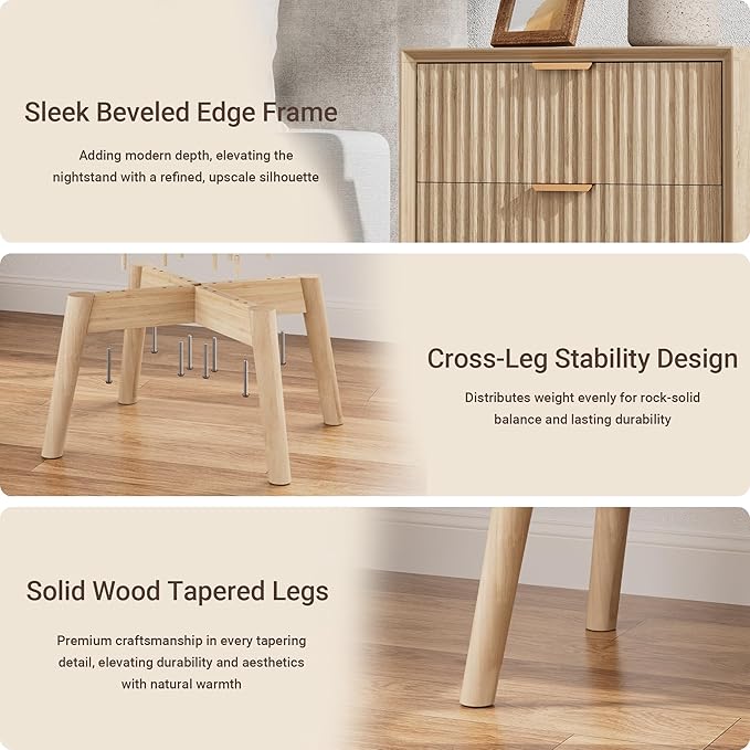 Fluted Nighstand, Beveled Edges Night Stand, 2 Drawer Nightstand with Charging Station, Modern End Table with Solid Wood Legs, Wooden Bedside Table for Bedroom Sofa Home Office, Natural Oak
