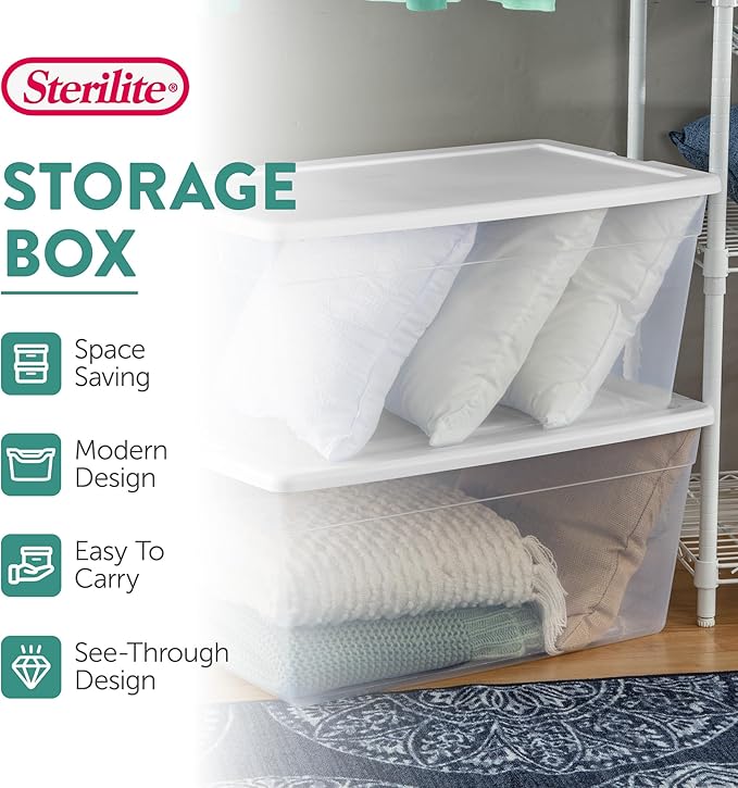 Sterilite 8-Pack Stackable Storage Bin with Lid, Clear Plastic Design, 90 Quart