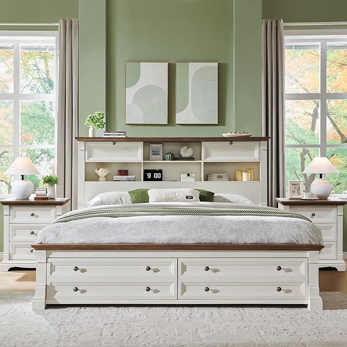T4TREAM Farmhouse Queen Size Bed Frame with 54" Tall Headboard, Wood Platform Bed Frame with 18" Tall Roman Column Decoration Footboard & 2 Large Storage Drawers, No Box Spring Needed(Antique White)