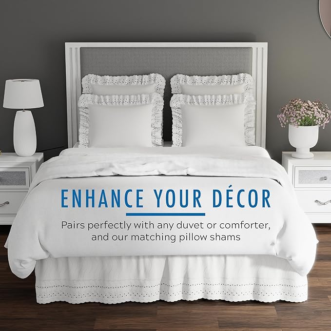 Fresh Ideas Eyelet Bed Skirt, Ruffled Design, 14 Inch Drop, Embroidered Scalloped Edge, California King, White