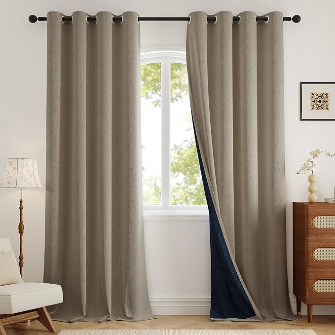 100% Blackout Curtains 108 inch Length 2 Panels for Living Room, Linen-Look Textured Room Darkening Thermal Insulated Noise Reduction Farmhouse Drapes for Bedroom (W52xL108, Taupe)