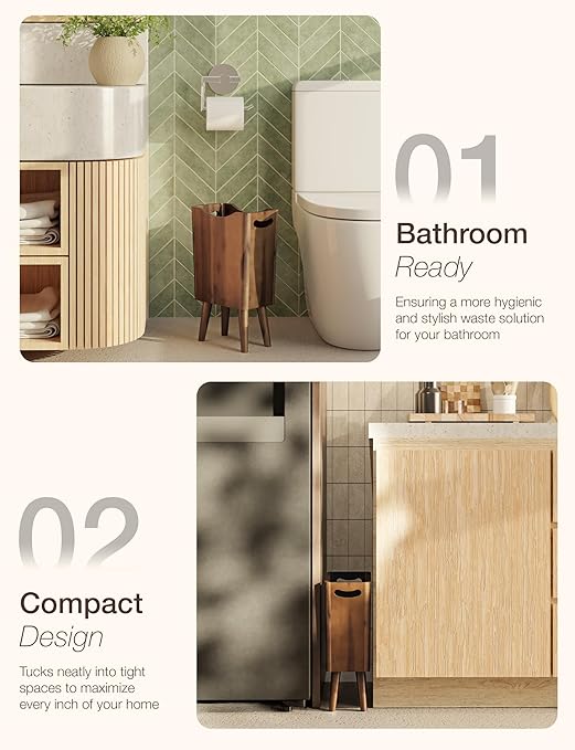 2 Gallons Wooden Trash Can 4 Legs - Acacia Wooden Bin, Wood Bathroom Accessories - Small Bin, Waste Basket for Bedroom, Office Garbage Can - Bathroom Trash Can, Patent Pending (Walnut Color)