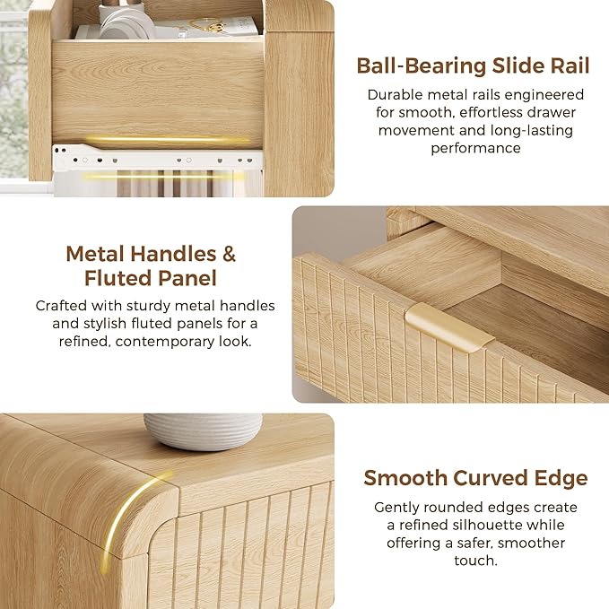 Fluted 5 Drawer Dresser, 43" Tall Dressers & Chests of Drawers Curved Profile Design, Wood Mid Century Vertical Dresser Natural Texture for Bedroom, Natural Oak Dresser