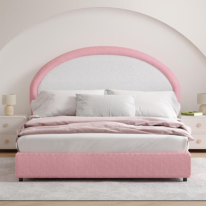 Queen Bed Frame, Boucle Upholstered Platform Bed Frame with Headboard, White Bed Frame, Soft Rounded Corners, No Box Spring Required, Easy Assembly, Pink&White