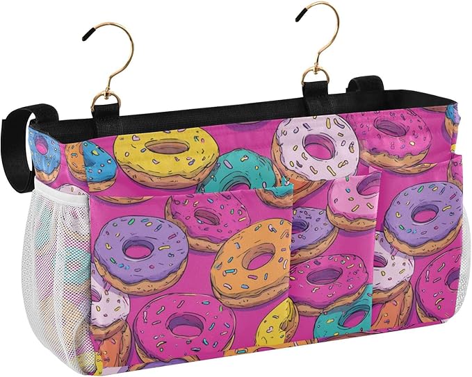 Bedside Caddy Hanging Bunk Bed Caddy Bed Organizer Hanging Pocket with 2 Hooks Bedside Storage Organizer Pocket Bag Holder Cute Donuts Colorful