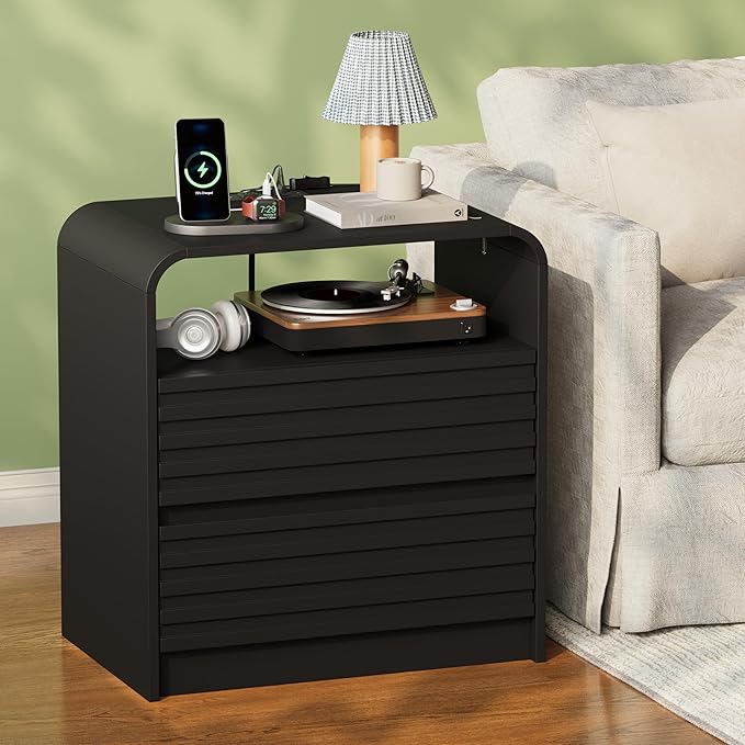 24" Wide Modern Fluted Nightstand with Charging Station, Wood Bedside Table with 2 Storage Drawers, Mid Century End Table Nigthstand with Curved Profile for Bedroom, Living Room, Black