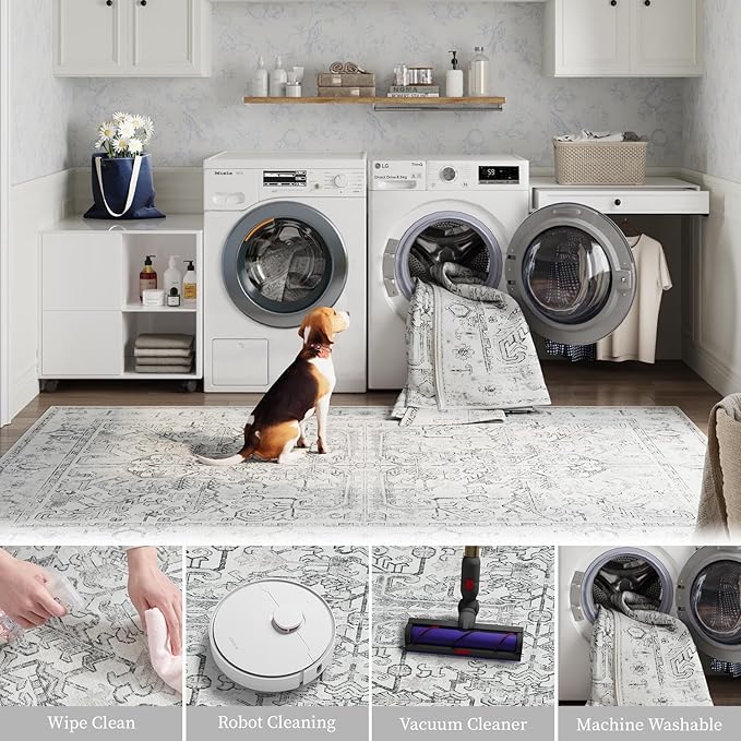 jinchan 9x12 Machine Washable Area Rugs for Living Room - Vintage Floral Stain Resistant Low Pile Ultra-Thin Non Slip Accent Rug for Bedroom Kitchen Dining Room Home Office (9x12ft,Grey)