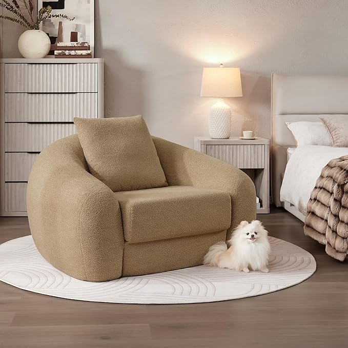 SICOTAS 49.9" Curved Convertible Sofa Couch Bed for Living Room Futon Cloud Boneless Sleeper Chair Pull Out Floor Couch with Deep Seat Single Sofa Foam Lounger No Assembly for Bedroom Apartment, Brown
