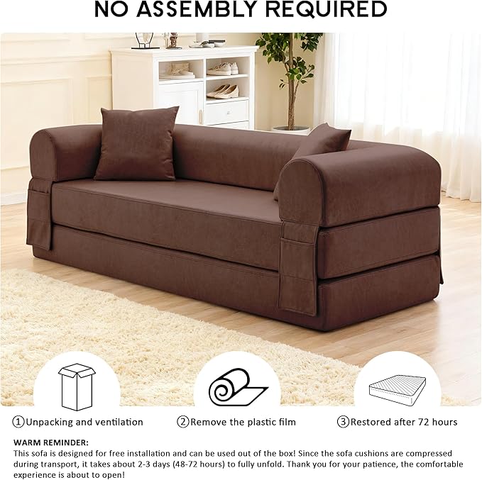 78.5" Convertible Sleeper Sofa Bed, Faux Leather Folding Floor Sofa with Pullout Bed&2 Pillows, No Assembly Modern Boneless Couch Compression Sofa in Box with Storage Pocket for Living Room, Brown