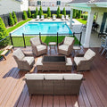 10 Piece High Back Outdoor Patio Furniture Set - Patio Conversation Set with Swivel Rocker Outdoor Chairs Set of 4 and 3 Seater Sofa, Wicker Ottoman and Coffee Table for Garden Backyard