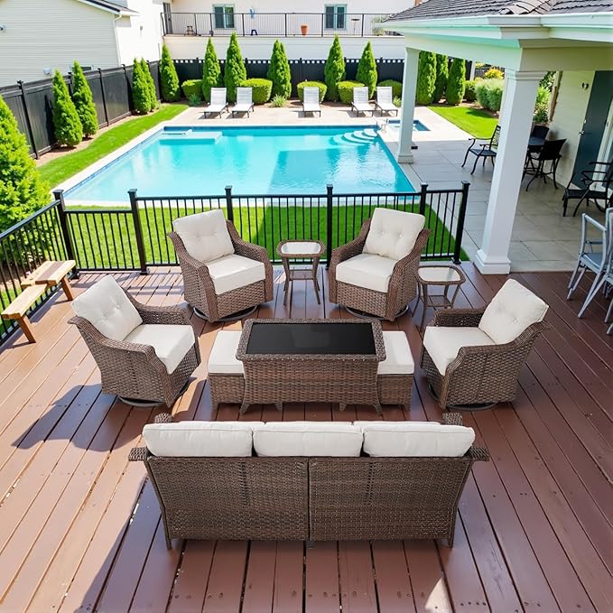 10 Piece High Back Outdoor Patio Furniture Set - Patio Conversation Set with Swivel Rocker Outdoor Chairs Set of 4 and 3 Seater Sofa, Wicker Ottoman and Coffee Table for Garden Backyard